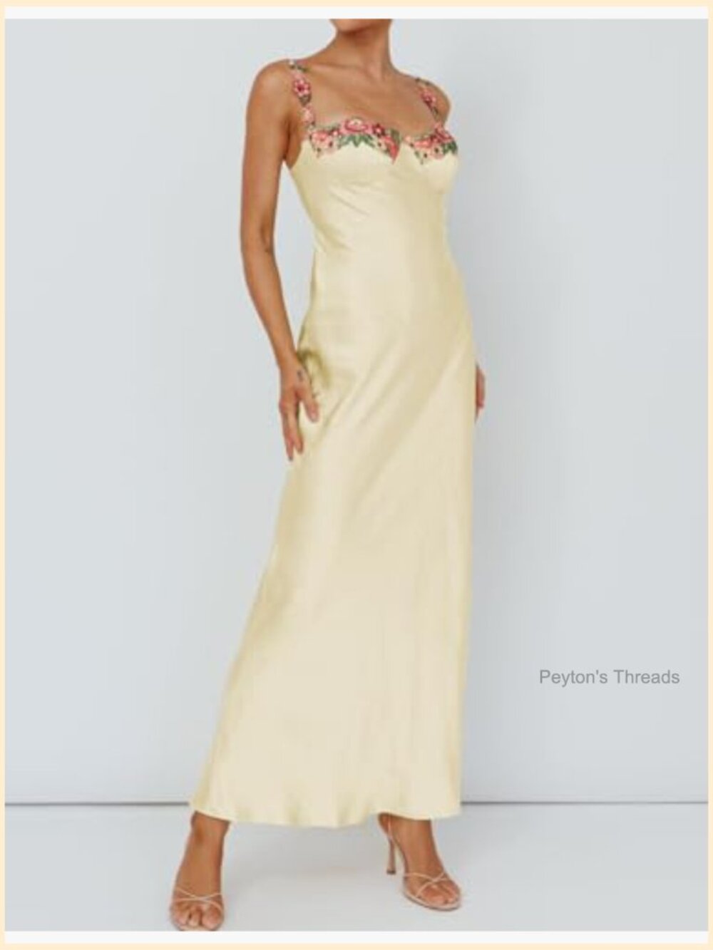 Satin Spaghetti Strap Floral Embroidered Maxi Dress Sweetheart Backless Slit - Picture 5 of 7